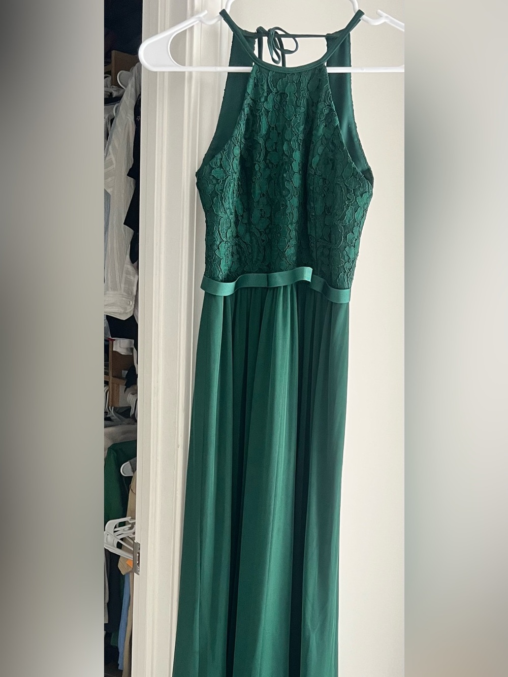 David's Bridal Forest Green Lace Halter Formal Dress